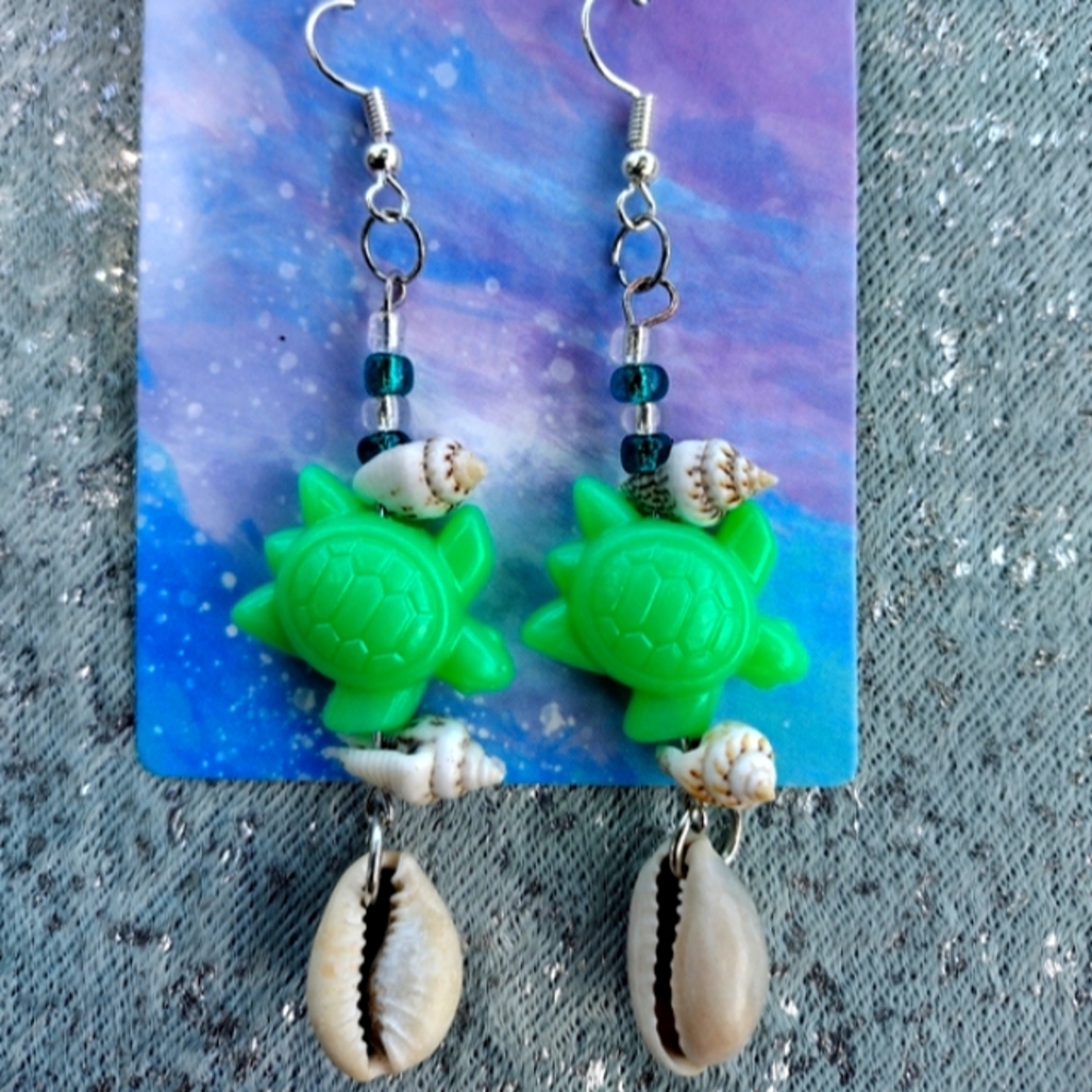 Seashell cowrie turtle beaded earrings dangles